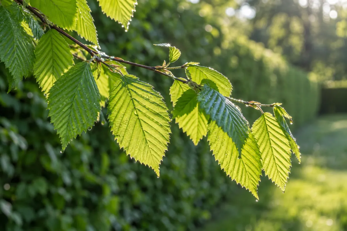 Närbild av gröna avenboksblad med tydliga nerver