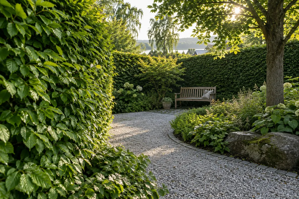 Inspirationsbild: grön avenbokshäck kring en trädgårdsgång och bänk