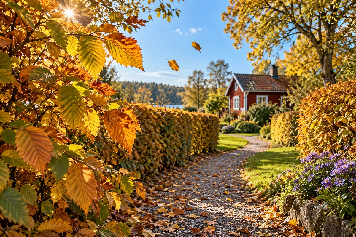 Inspirationsbild: avenbokshäck med gyllengula höstblad i varmt eftermiddagsljus