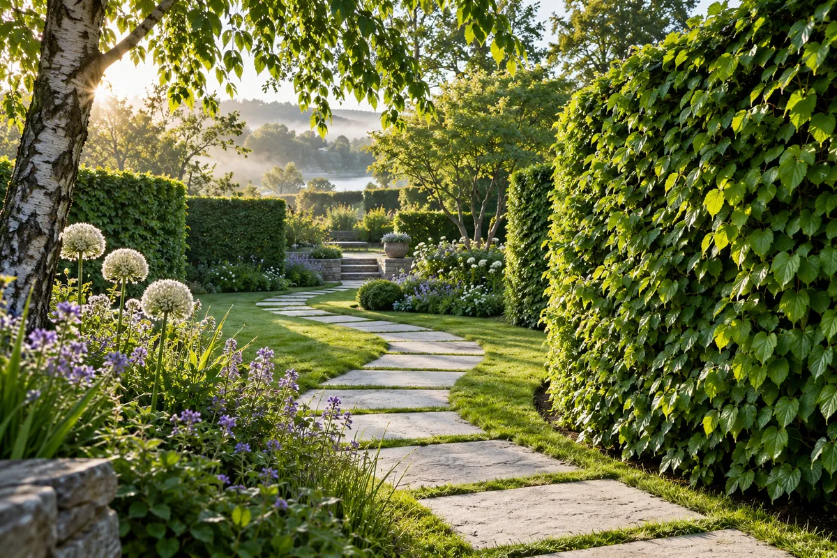Inspirationsbild: frodig avenbokshäck i varmt morgonljus längs en trädgårdsgång