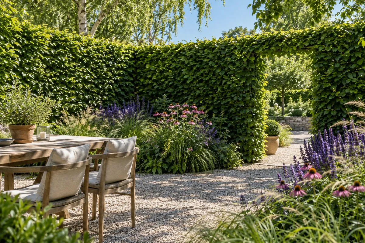Inspirationsbild: solig uteplats med sommargrön avenbokshäck och en inbjudande sittplats