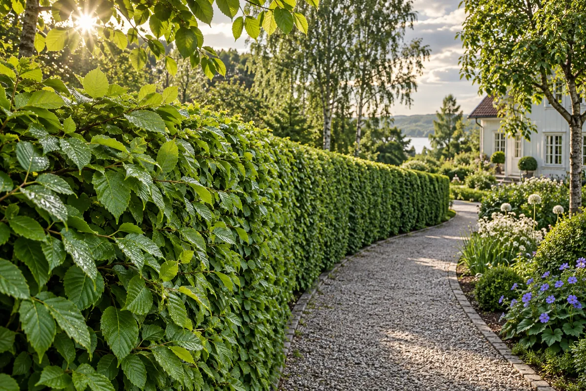 Inspirationsbild: frodig avenbokshäck längs en grusgång i solljus efter regn