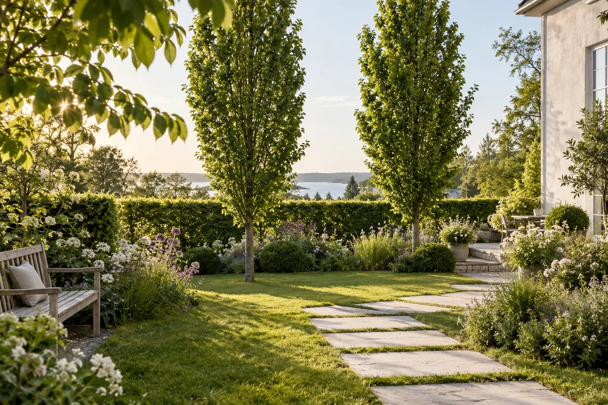 Inspirationsbild: höga upprätta avenbokar och en klippt häck i en solig trädgård